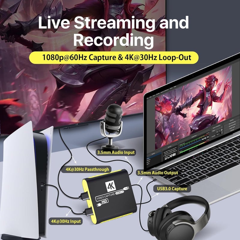 SUDTREEV HDMI Video Capture Card for Nintendo Switch 2, 1080P 60FPS, 4K@30Hz Input and Passthrough, HDMI to USB3.0, Compatible with OBS/PS4/PS5/Mac/Windows - Image 3